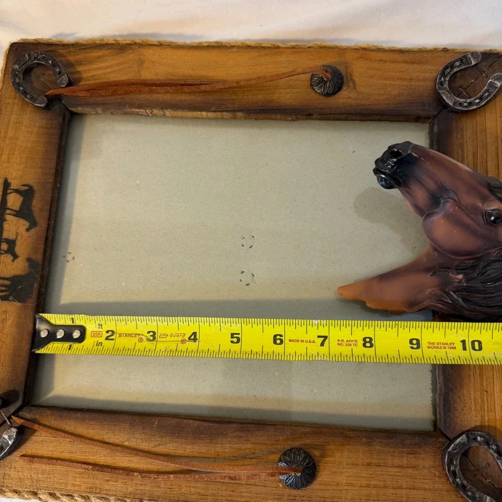 Rustic Western Wood Horse Head 3 Dimensional Picture Frame Horseshoes Leather